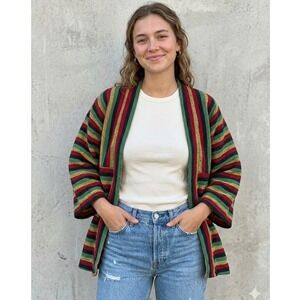 Vintage Kathmandu Imports Rasta Stripe Cotton Cardigan Jacket Nepal Women